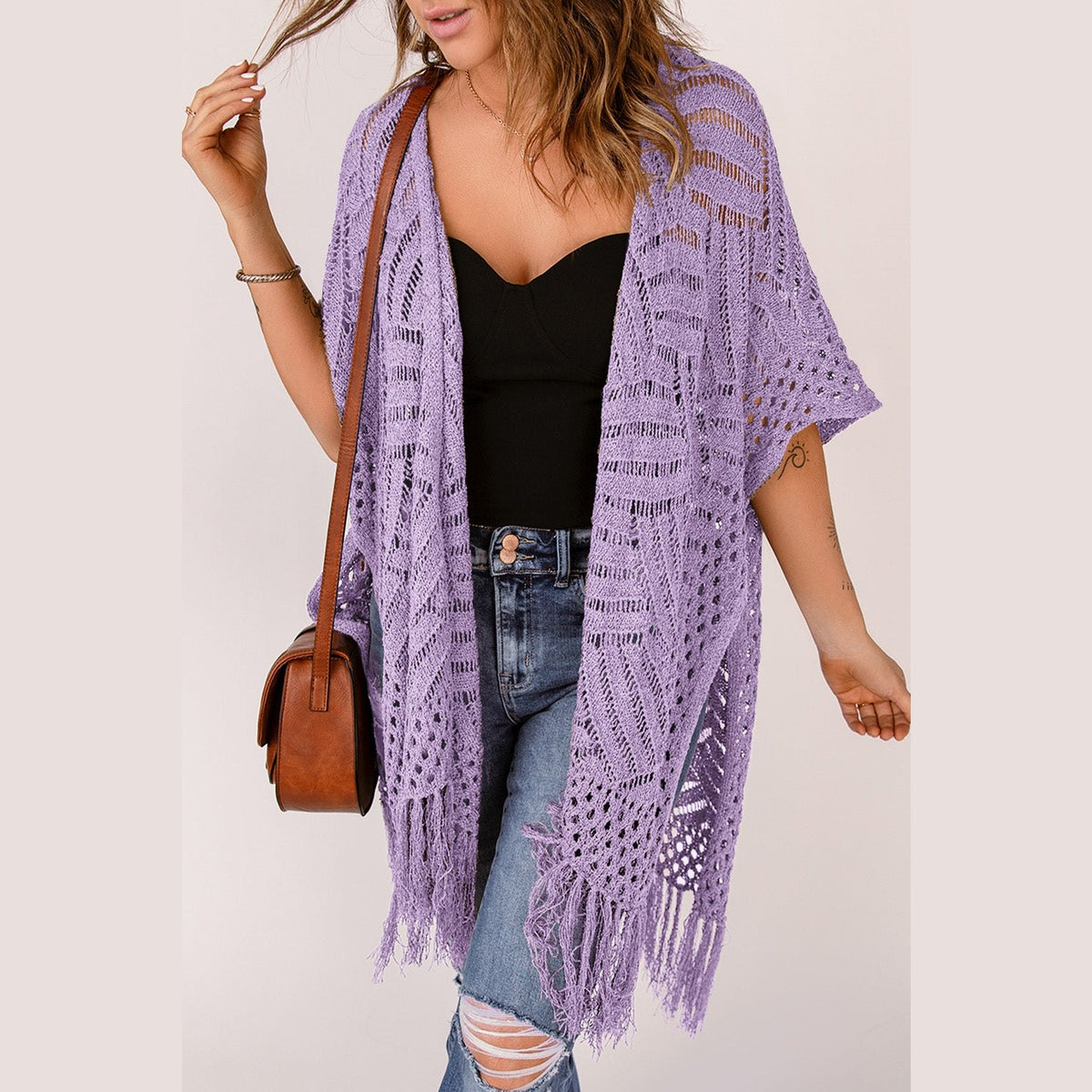 Openwork Open Front Cardigan with Fringes