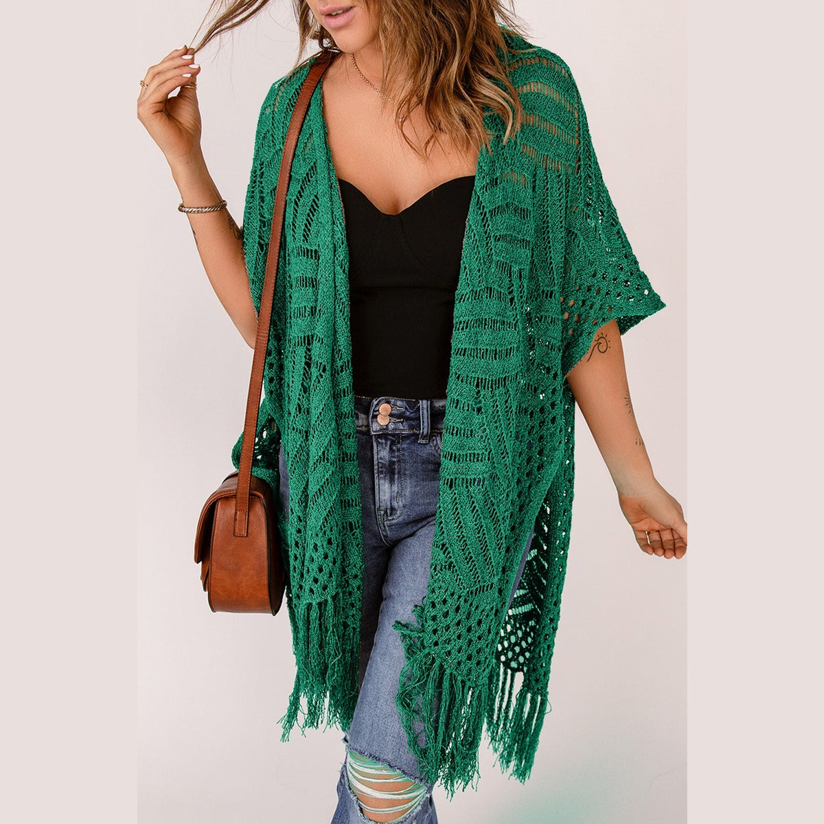 Openwork Open Front Cardigan with Fringes