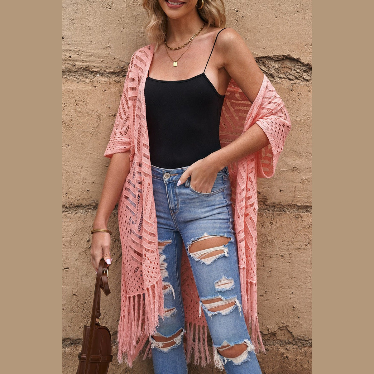 Openwork Open Front Cardigan with Fringes