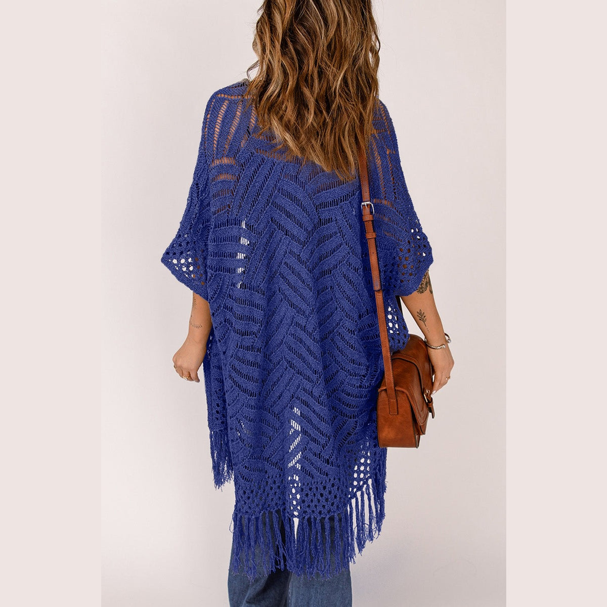 Openwork Open Front Cardigan with Fringes