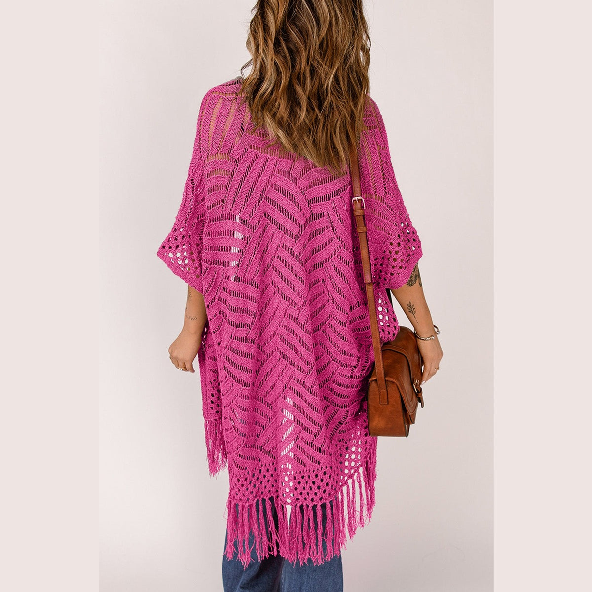 Openwork Open Front Cardigan with Fringes