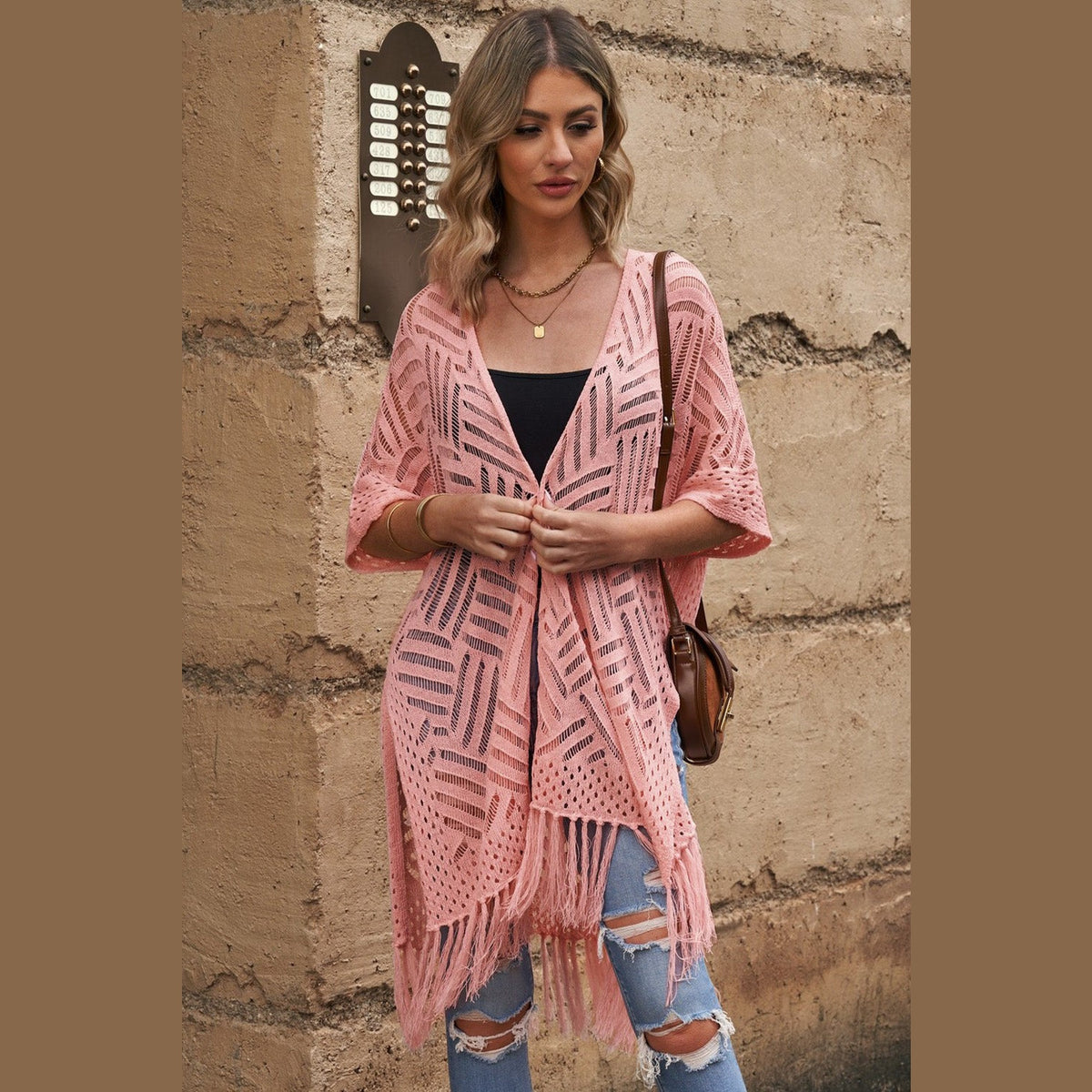 Openwork Open Front Cardigan with Fringes