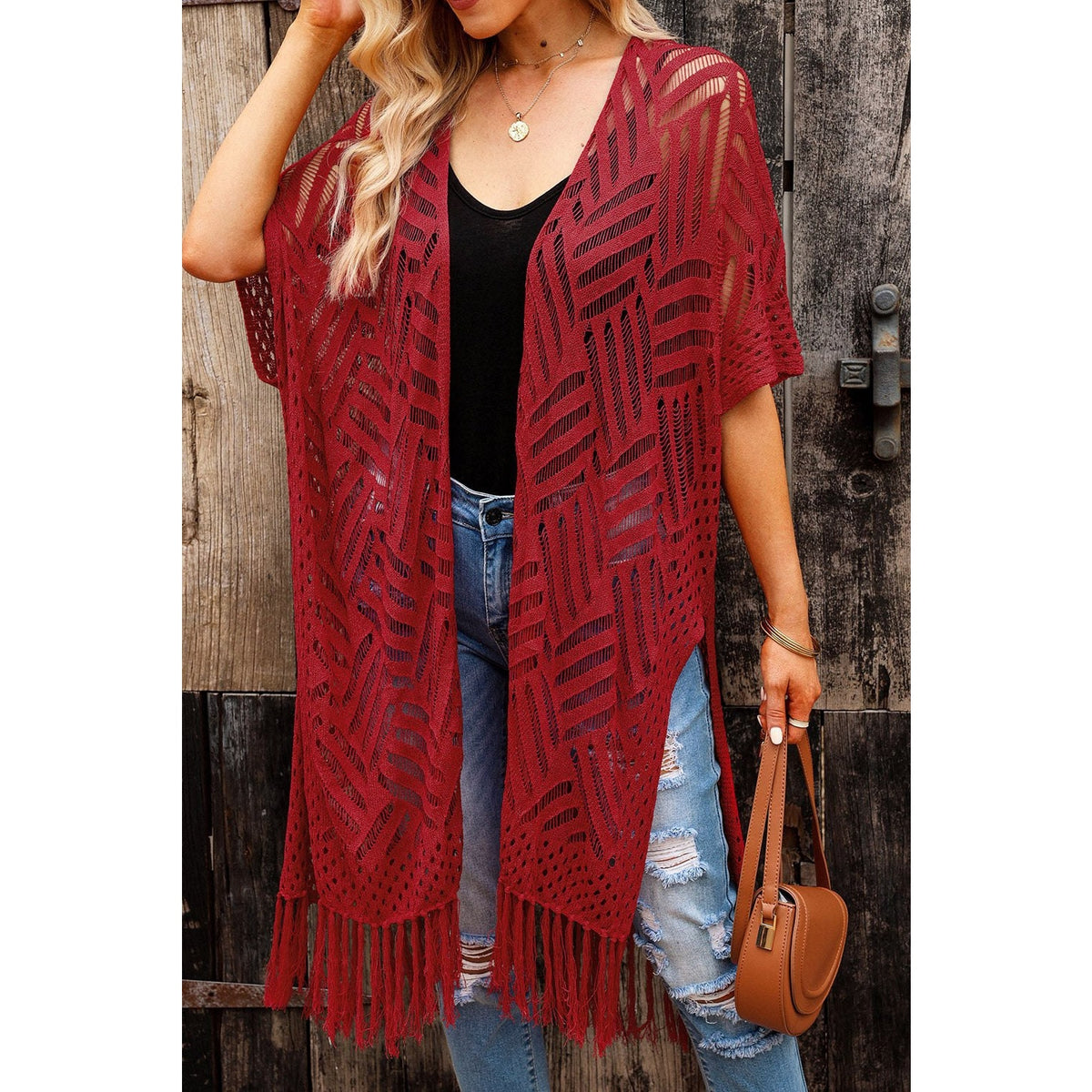 Openwork Open Front Cardigan with Fringes