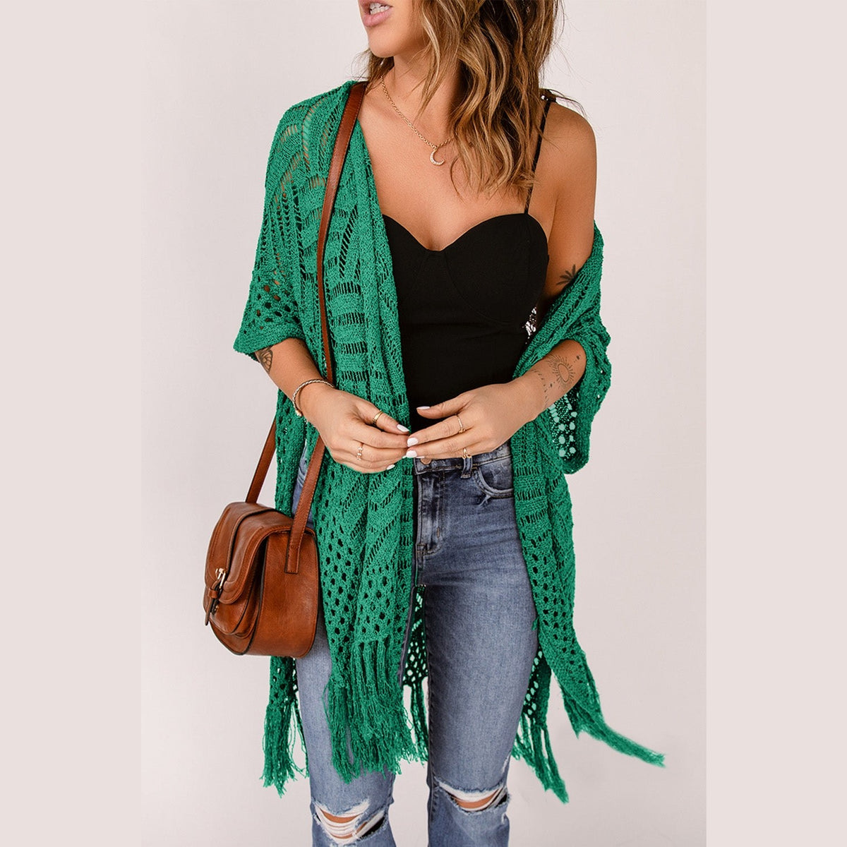 Openwork Open Front Cardigan with Fringes