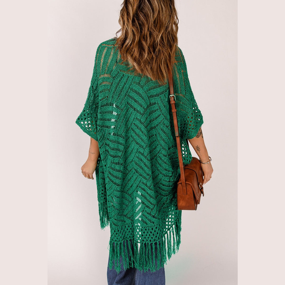 Openwork Open Front Cardigan with Fringes