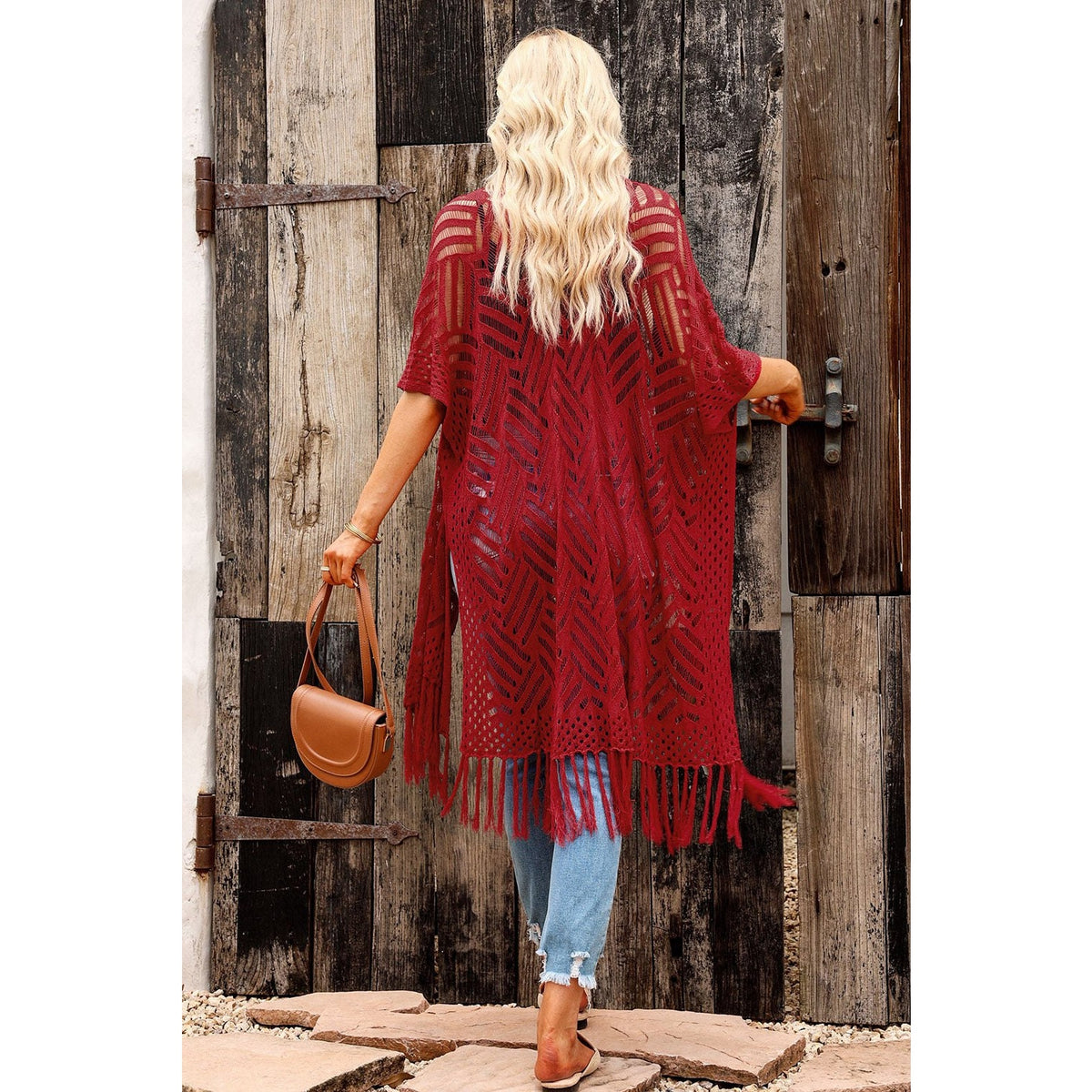 Openwork Open Front Cardigan with Fringes