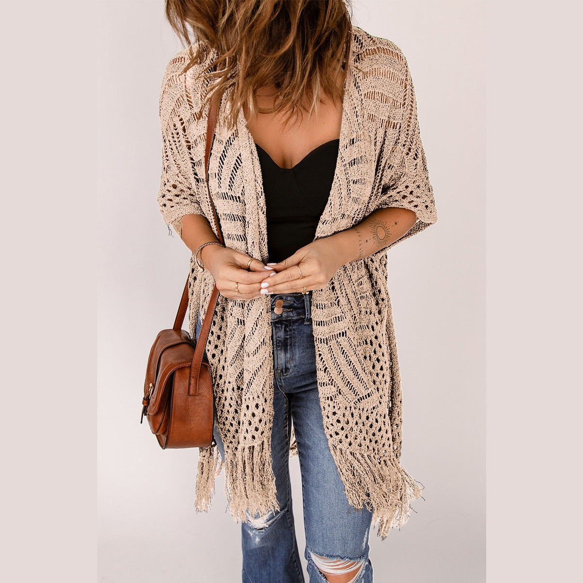 Openwork Open Front Cardigan with Fringes