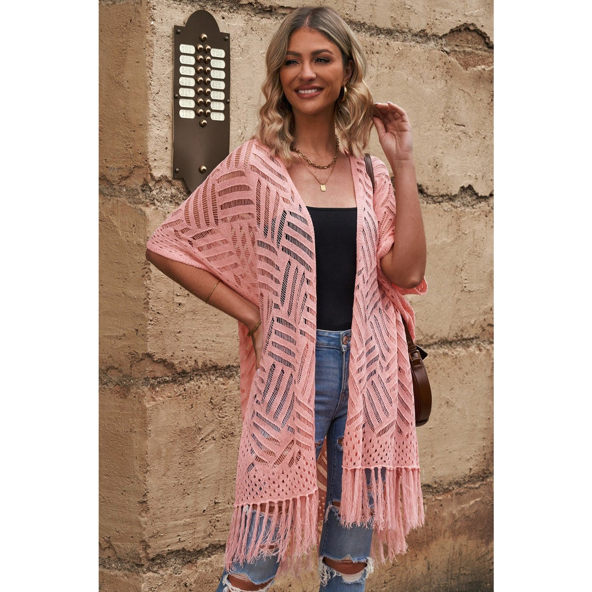 Openwork Open Front Cardigan with Fringes