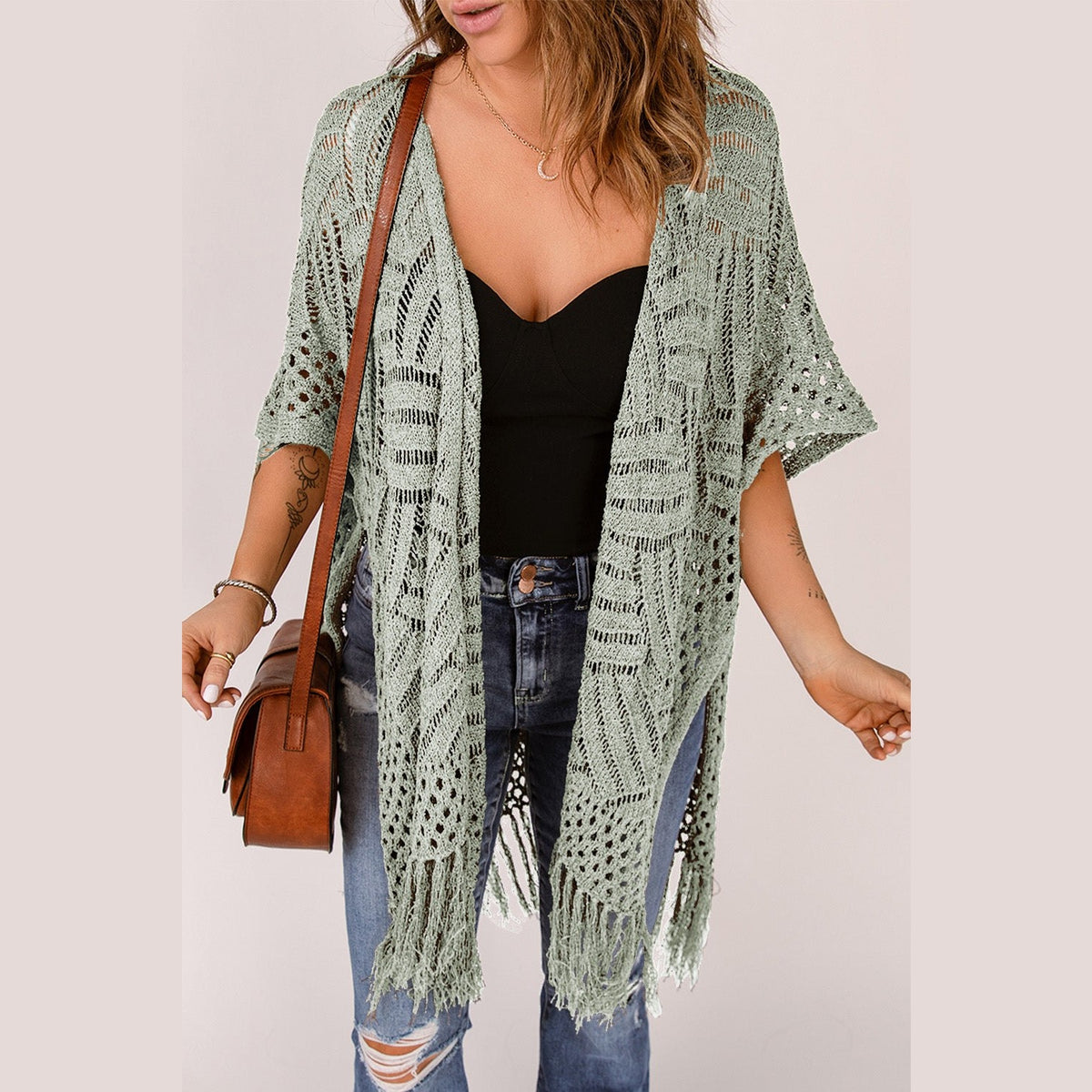 Openwork Open Front Cardigan with Fringes