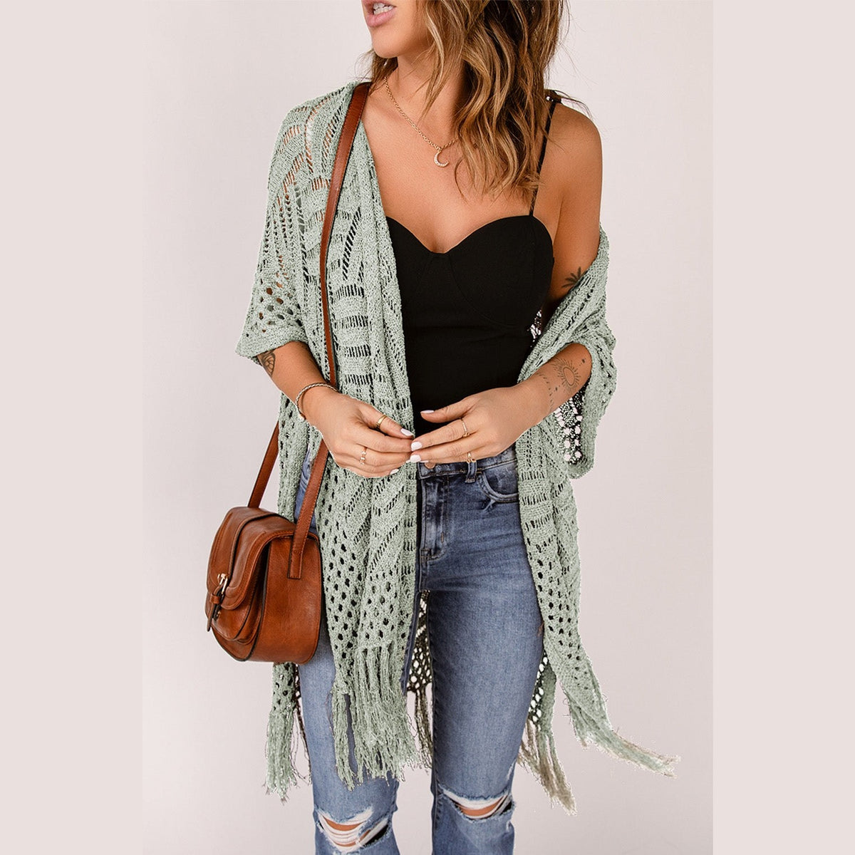 Openwork Open Front Cardigan with Fringes