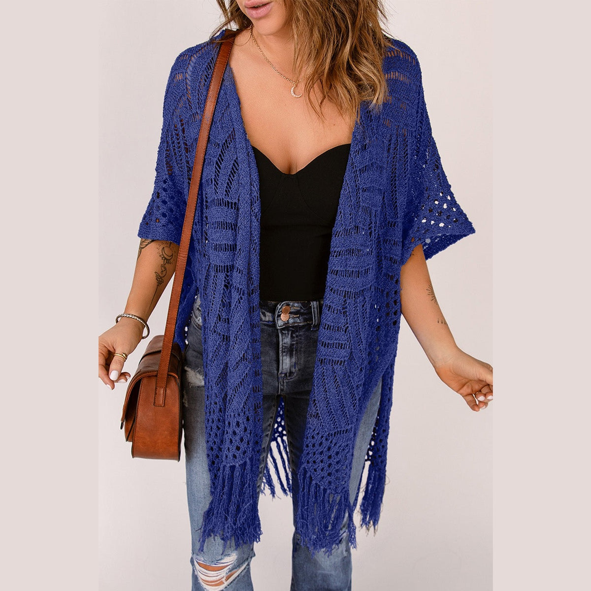 Openwork Open Front Cardigan with Fringes