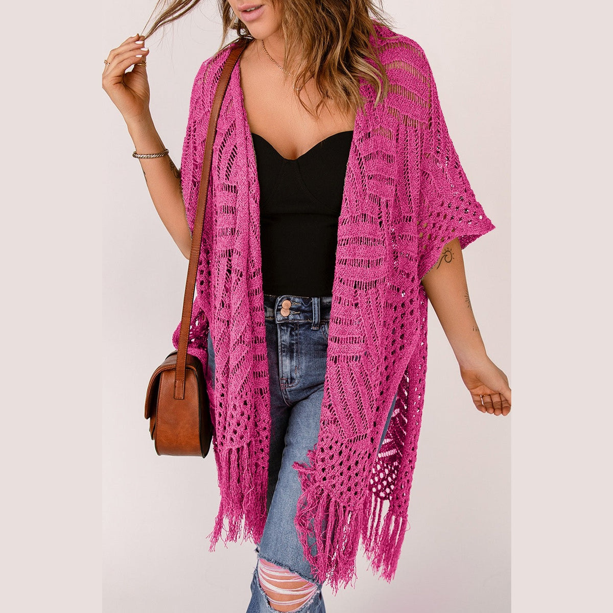 Openwork Open Front Cardigan with Fringes