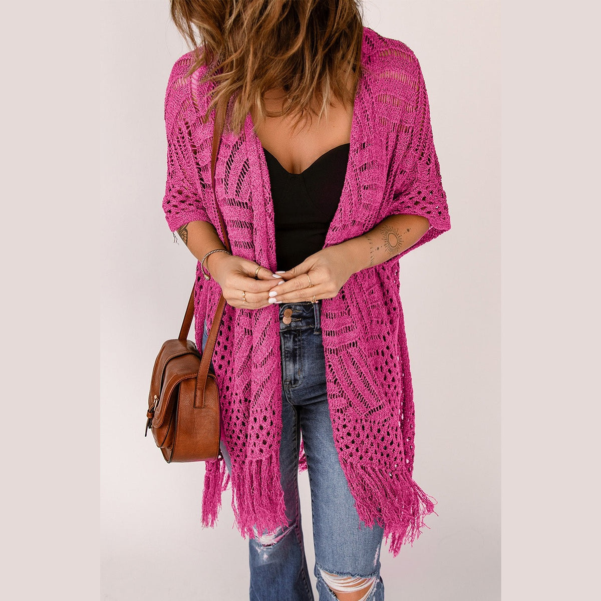 Openwork Open Front Cardigan with Fringes