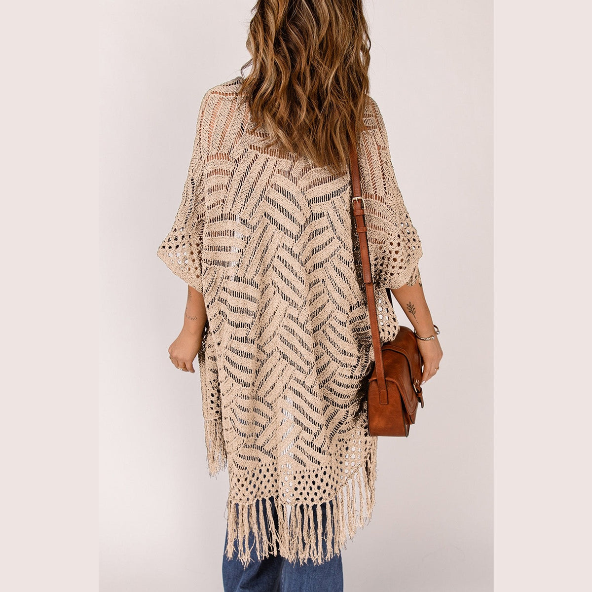 Openwork Open Front Cardigan with Fringes