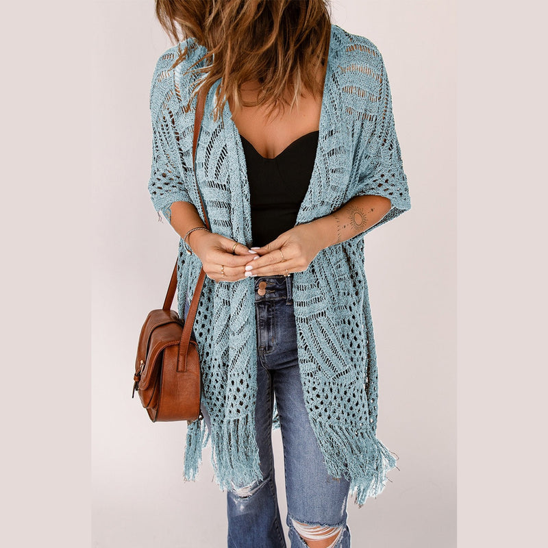 Openwork Open Front Cardigan with Fringes