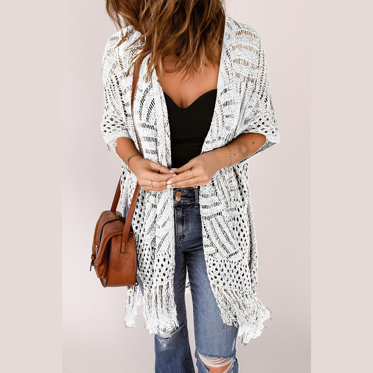 Openwork Open Front Cardigan with Fringes