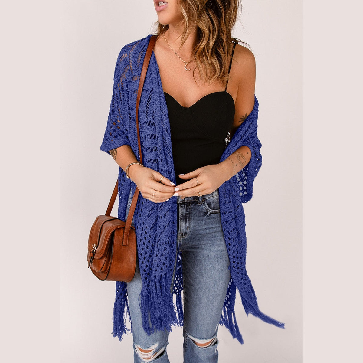 Openwork Open Front Cardigan with Fringes