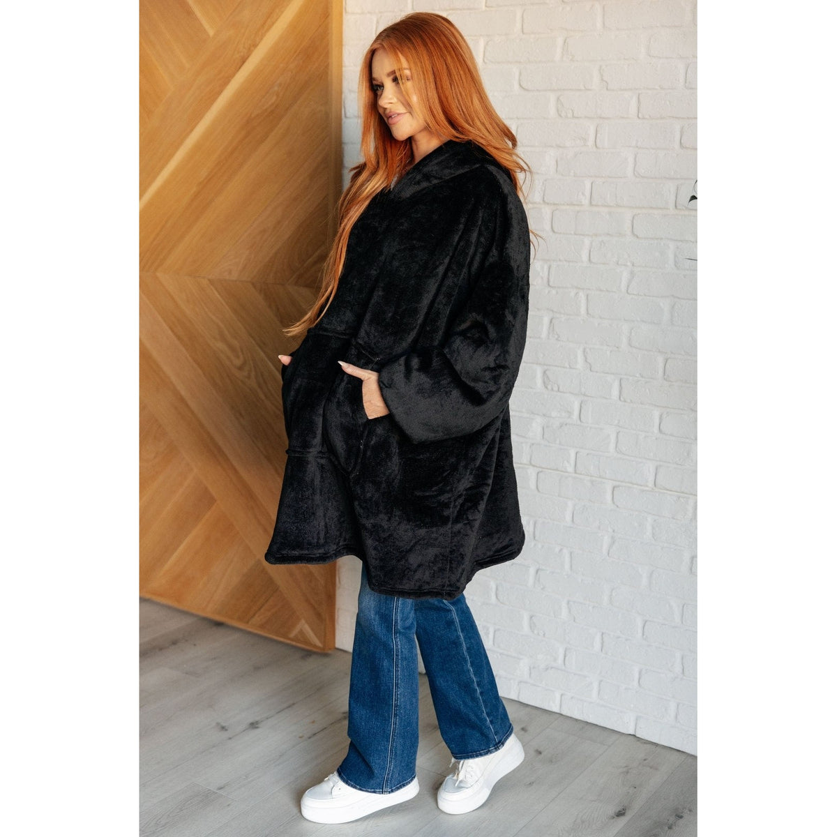 Oversized Velour Blanket Hoodie in Black