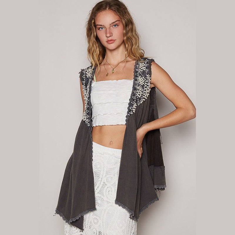 POL Embroidered Pearls Open Front Sleeveless Cardigan