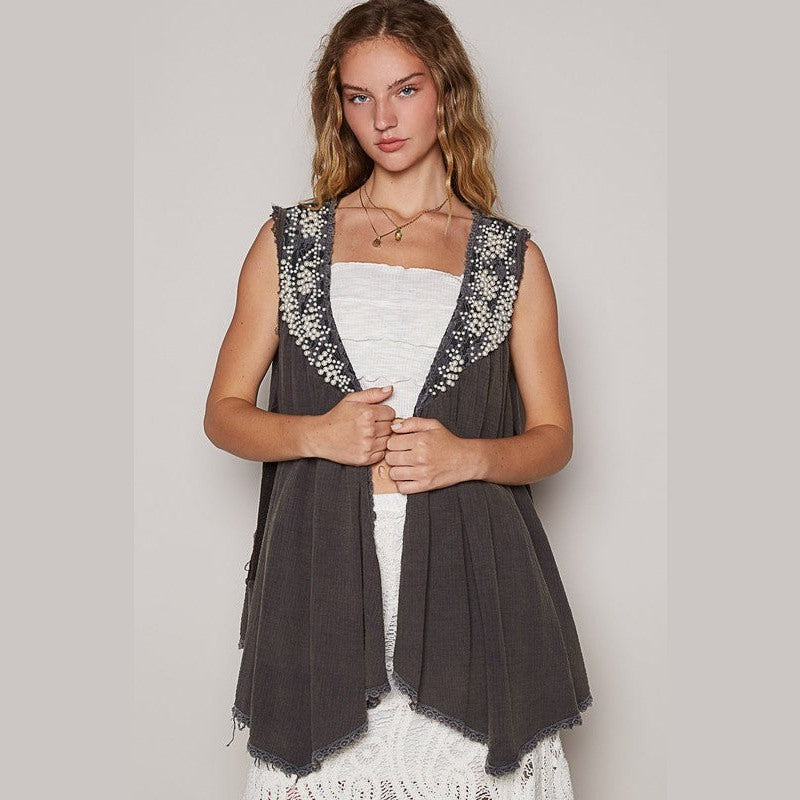 POL Embroidered Pearls Open Front Sleeveless Cardigan