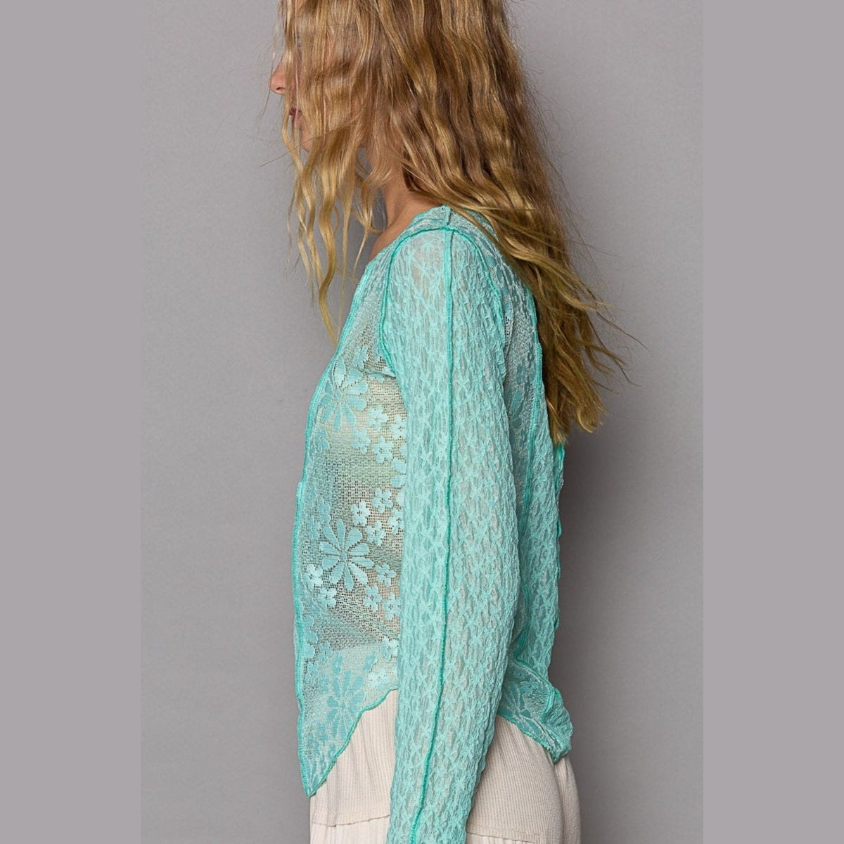 POL Exposed Seam Long Sleeve Lace Knit Top