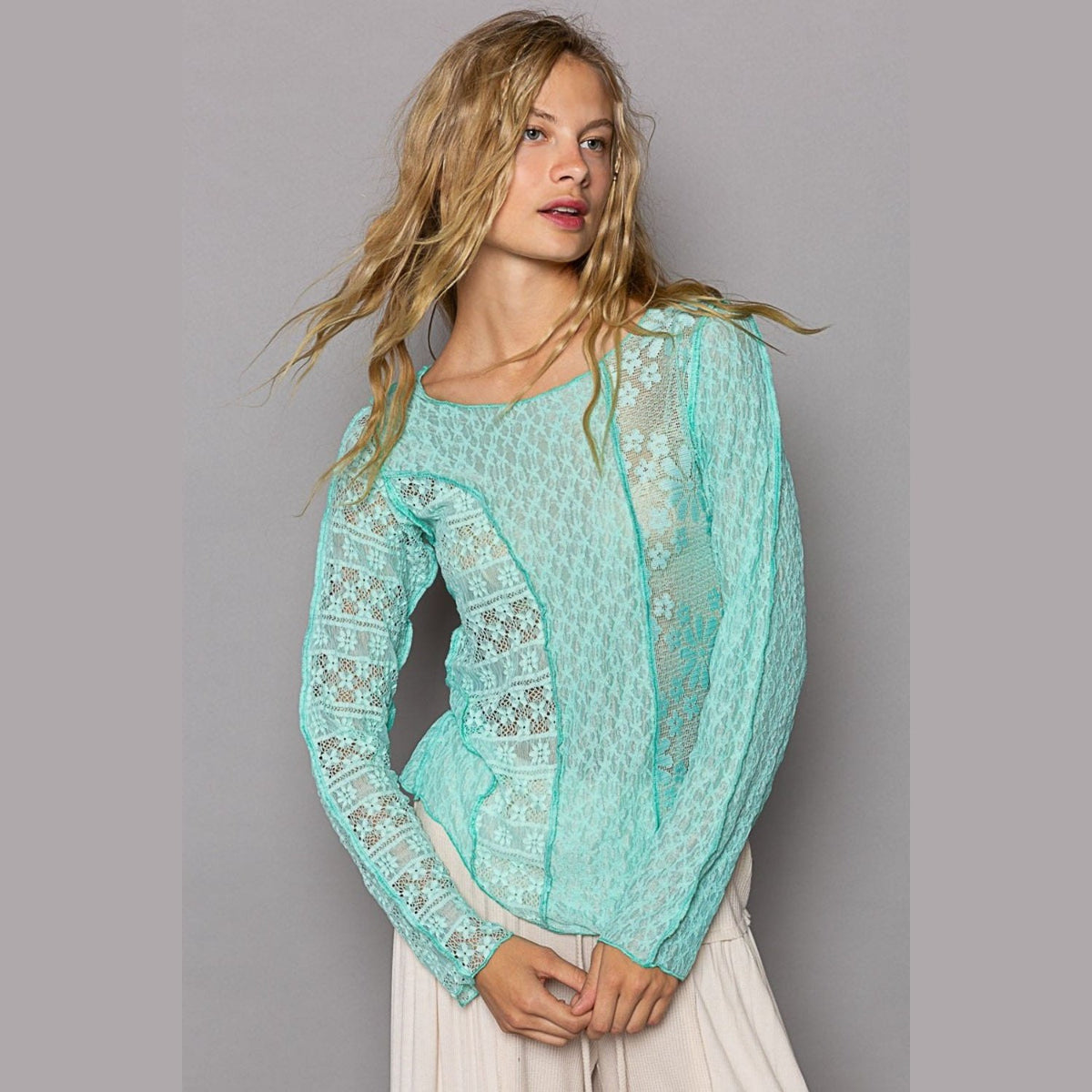 POL Exposed Seam Long Sleeve Lace Knit Top