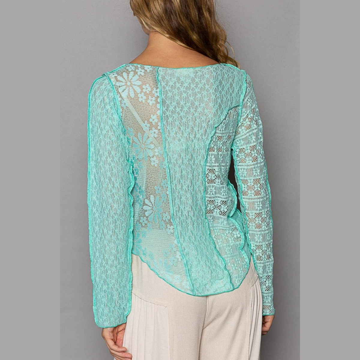 POL Exposed Seam Long Sleeve Lace Knit Top