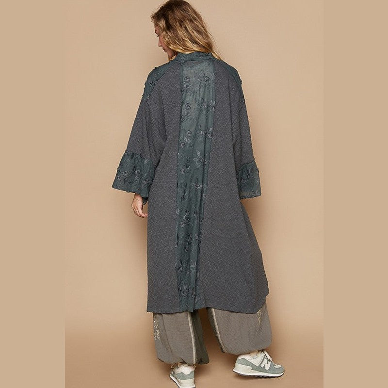 POL Flower Lace Trim Open Front Longline Cardigan