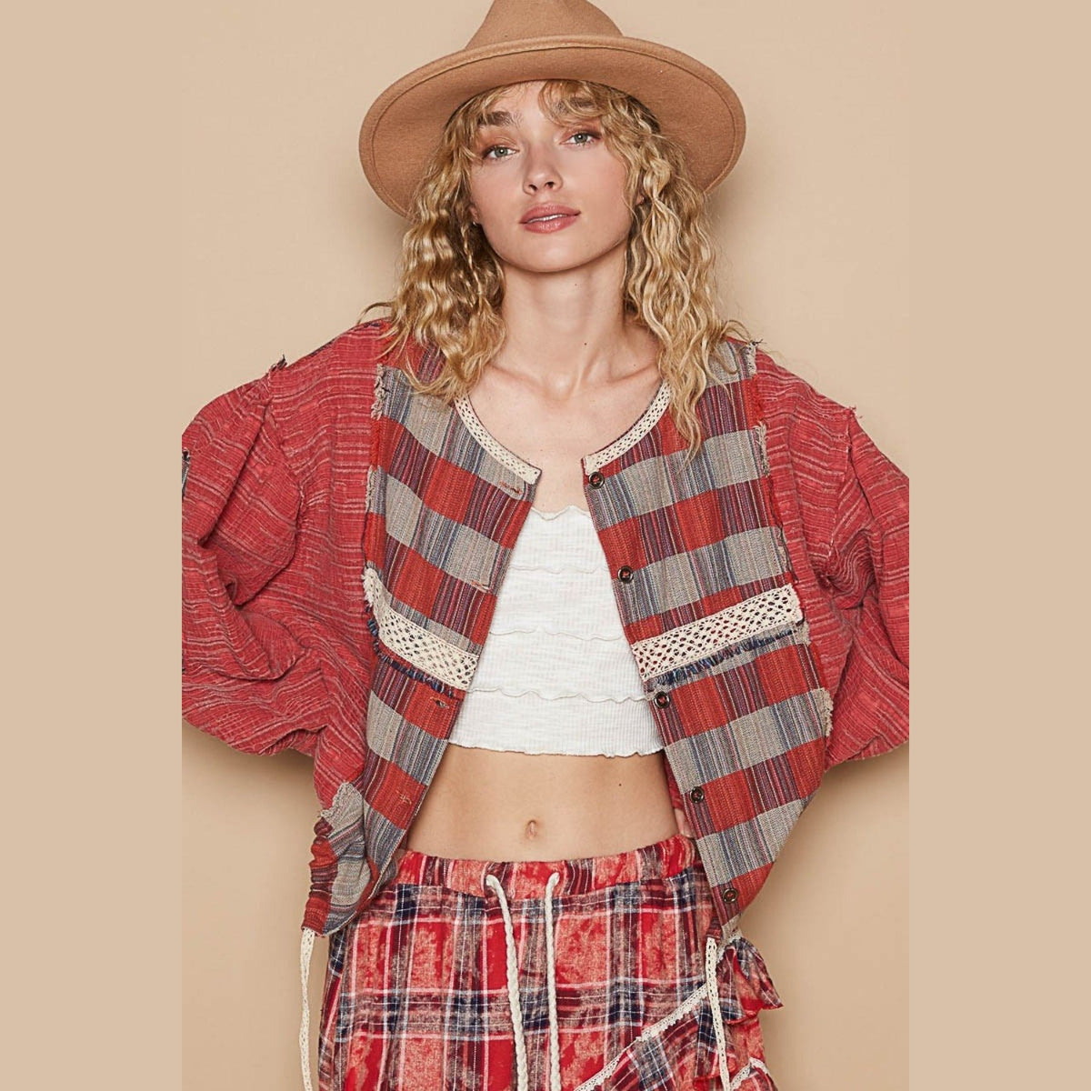 POL Round Neck Long Sleeve Plaid Shirt