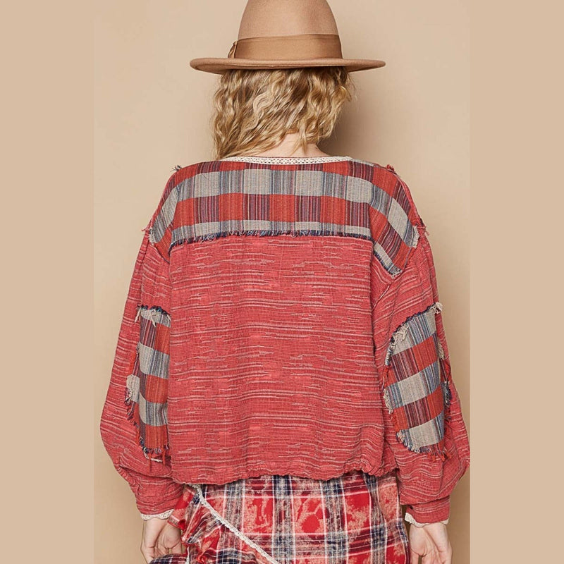 POL Round Neck Long Sleeve Plaid Shirt