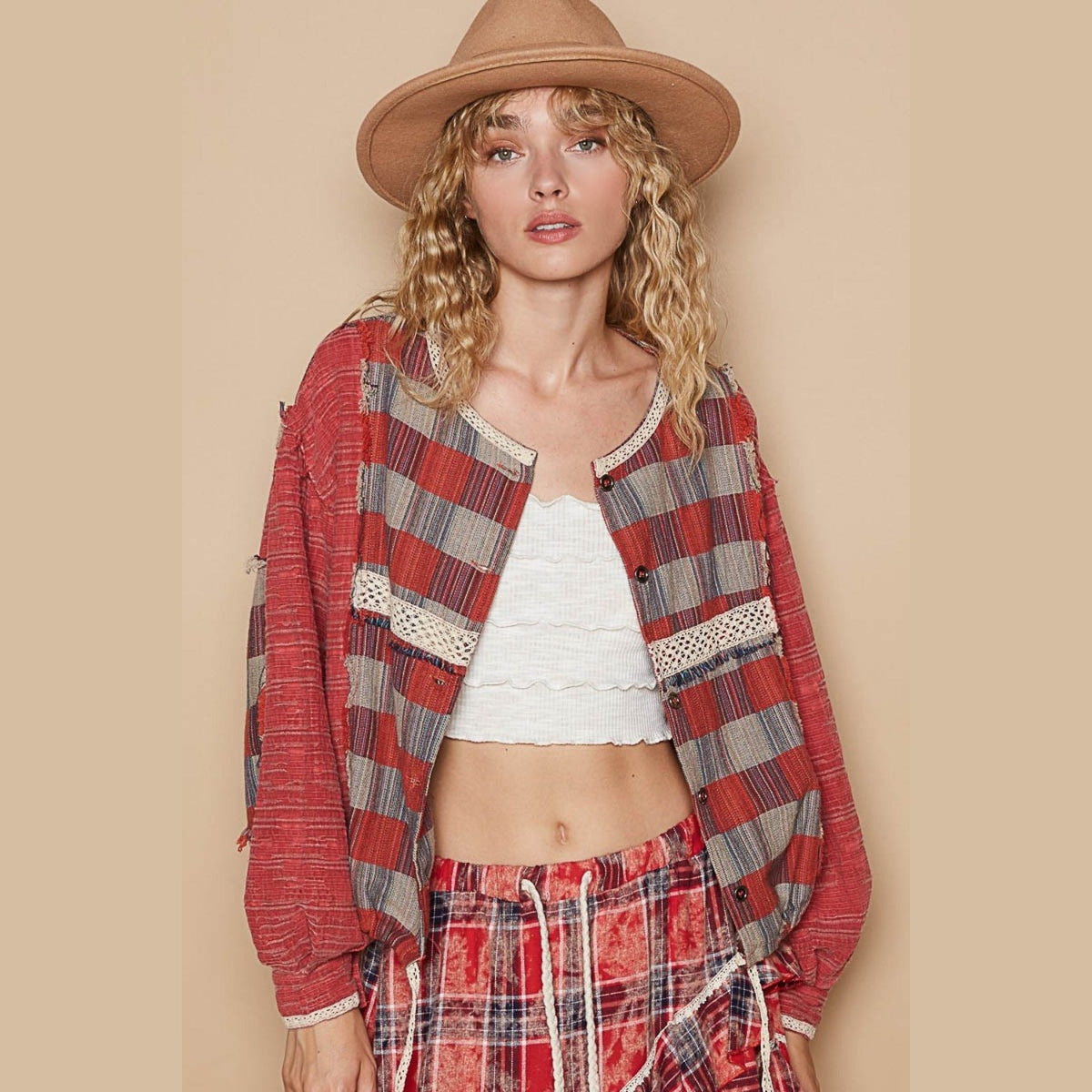 POL Round Neck Long Sleeve Plaid Shirt