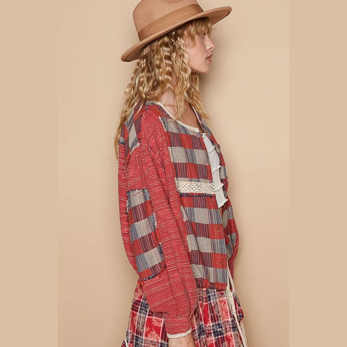 POL Round Neck Long Sleeve Plaid Shirt