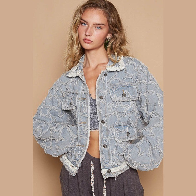 POL Star Textured Raw Hem Long Sleeve Denim Jacket