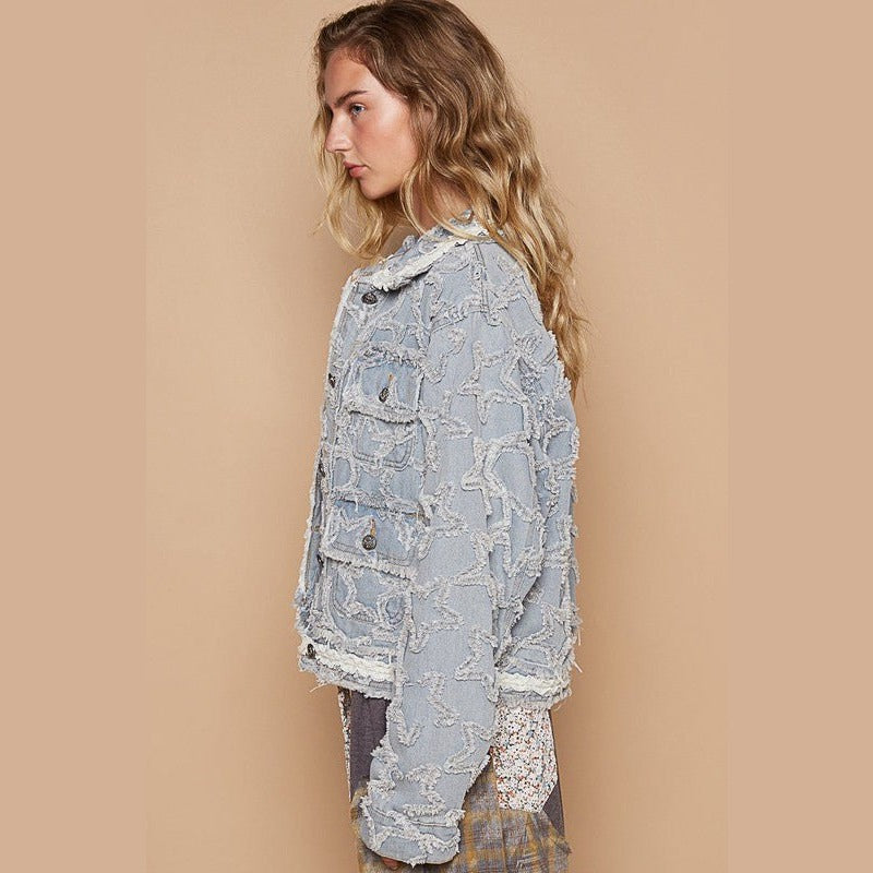 POL Star Textured Raw Hem Long Sleeve Denim Jacket