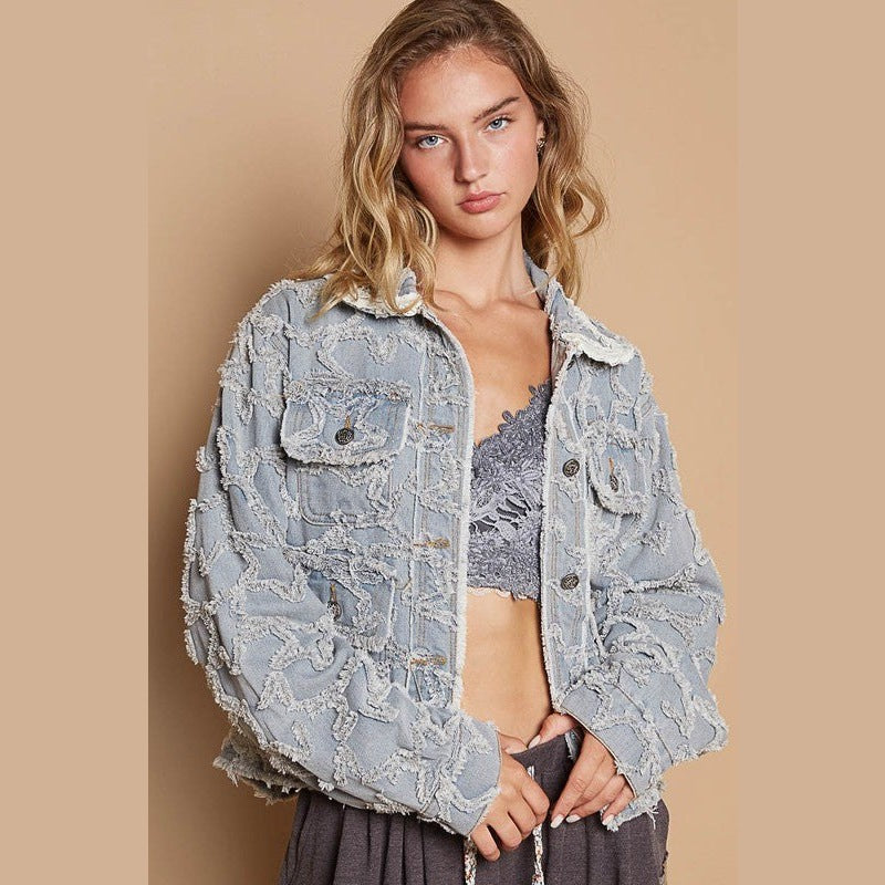 POL Star Textured Raw Hem Long Sleeve Denim Jacket