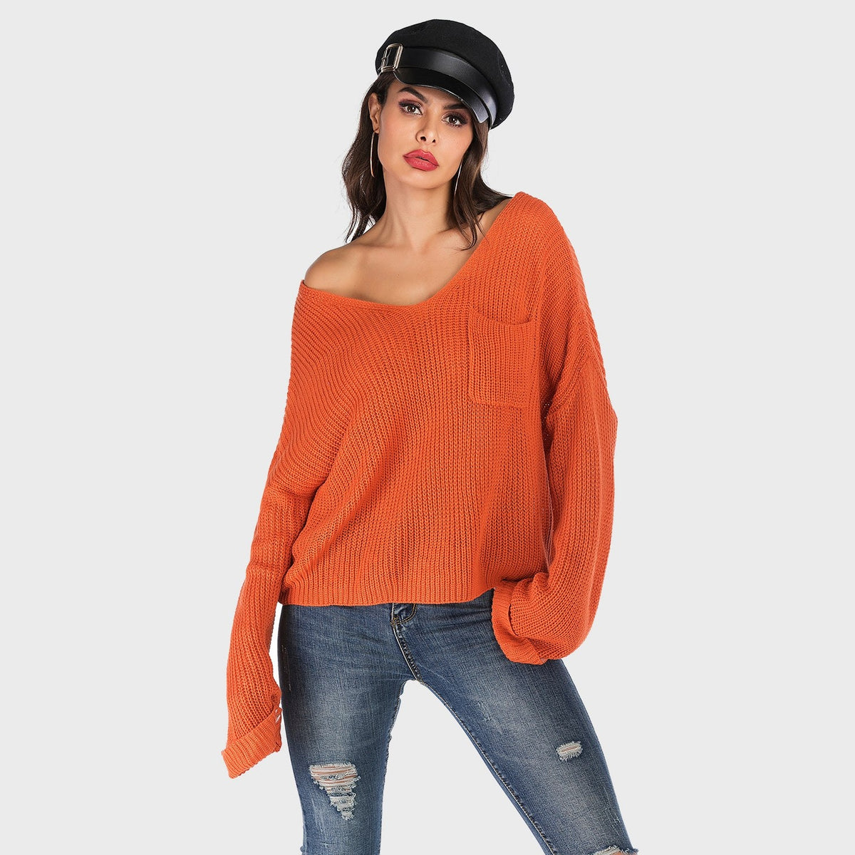 Perfee V-Neck Dropped Shoulder Long Sleeve Sweater