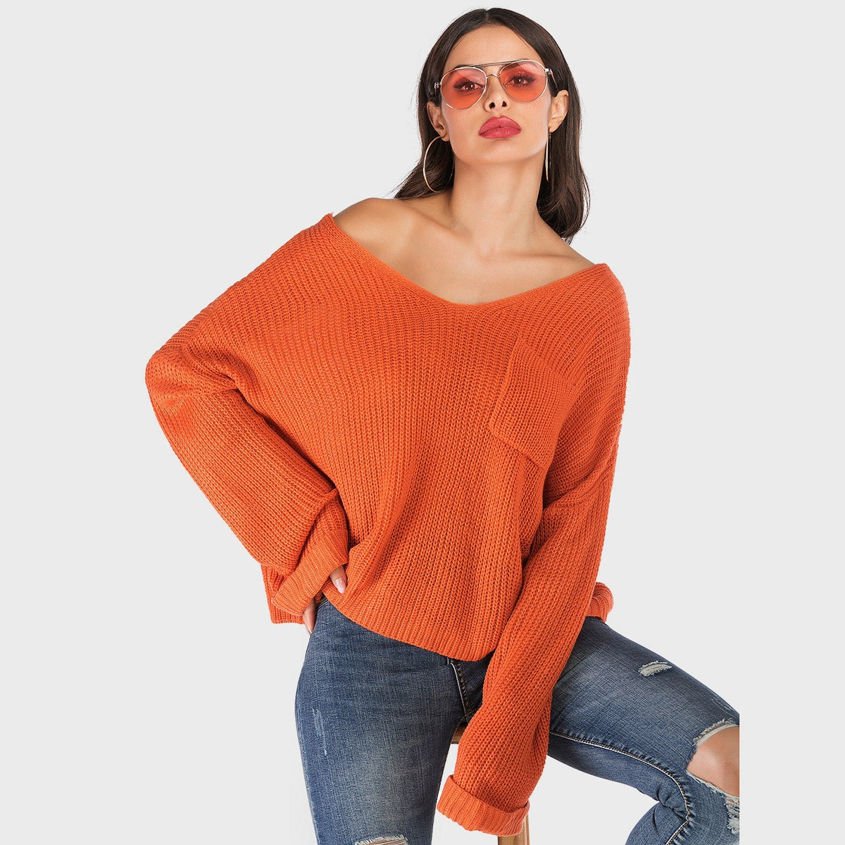 Perfee V-Neck Dropped Shoulder Long Sleeve Sweater