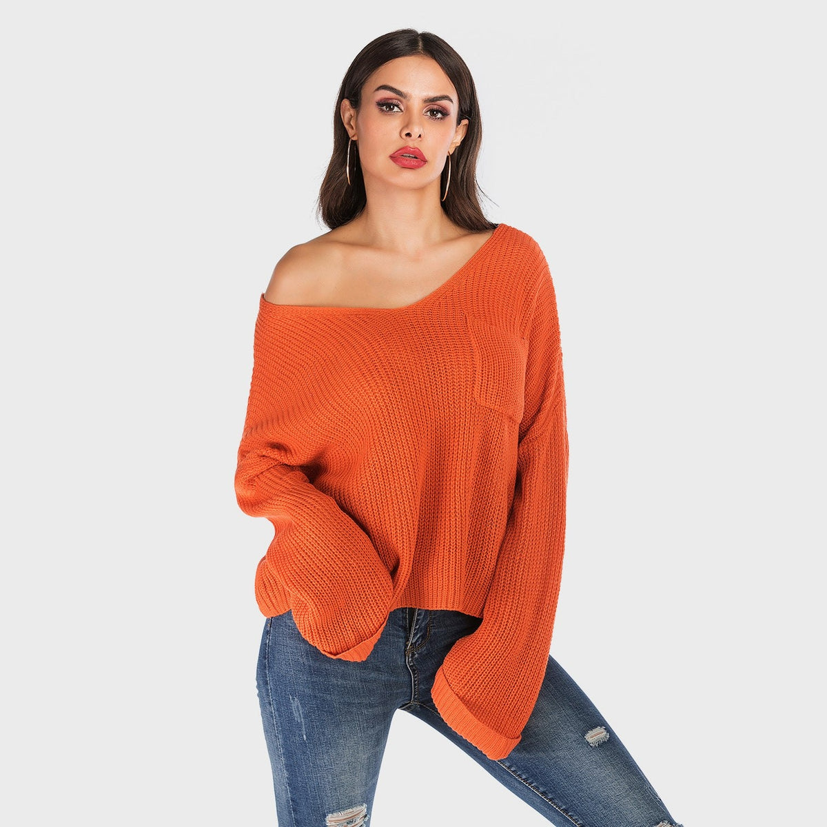 Perfee V-Neck Dropped Shoulder Long Sleeve Sweater