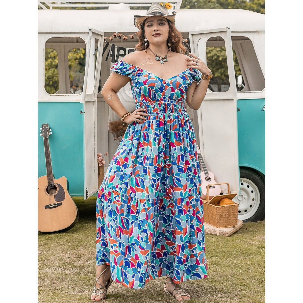 Plus Size Printed Cap Sleeve Dress