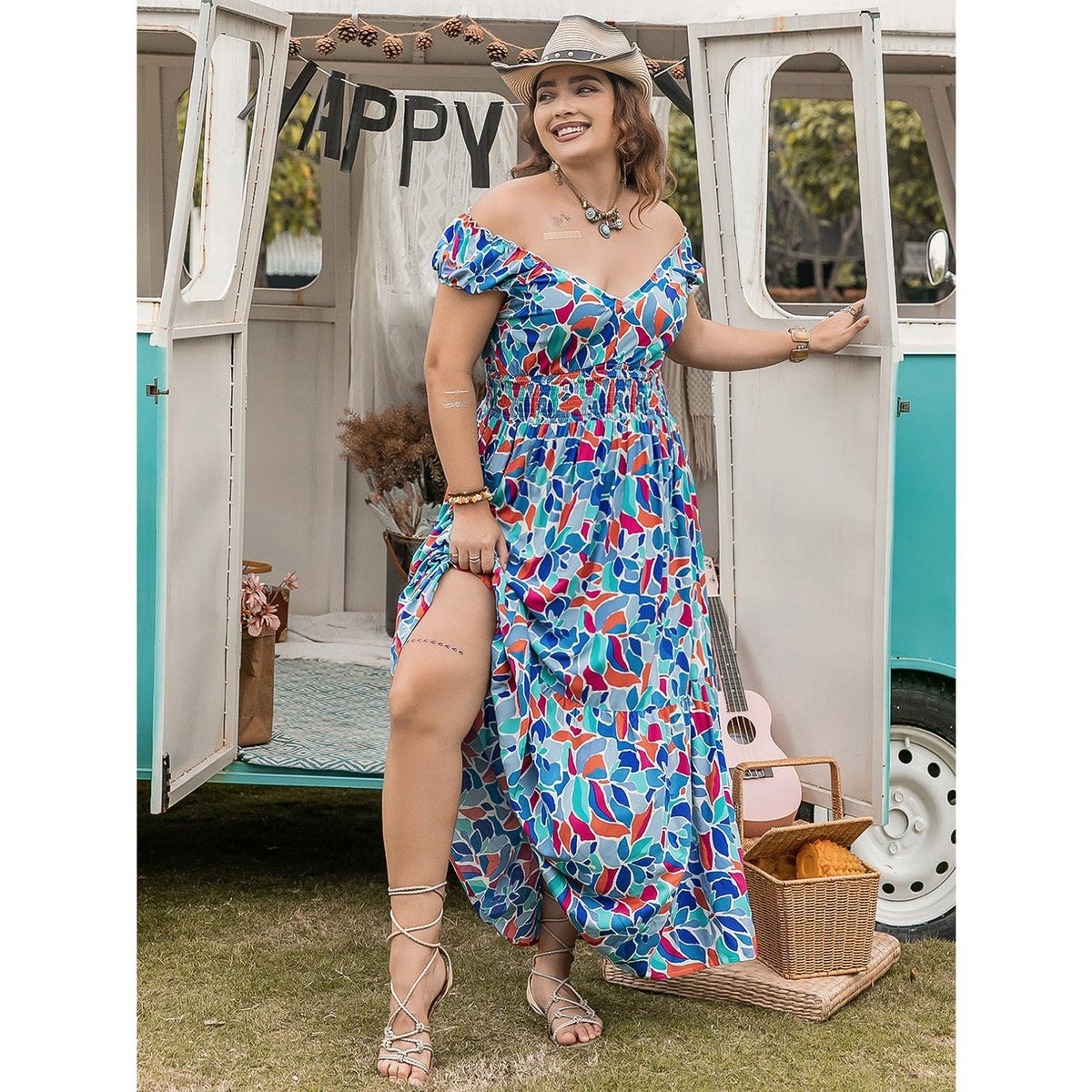 Plus Size Printed Cap Sleeve Dress