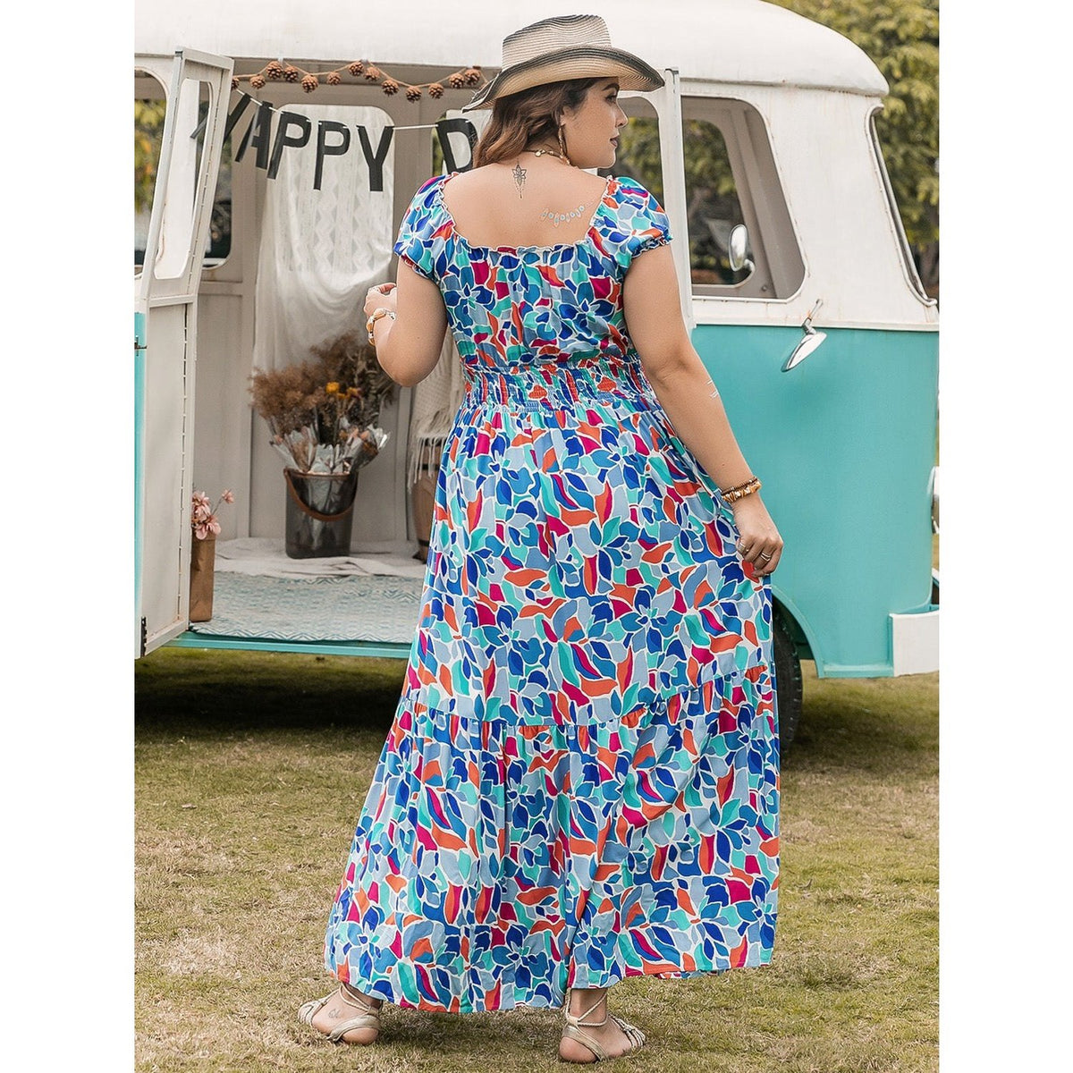 Plus Size Printed Cap Sleeve Dress