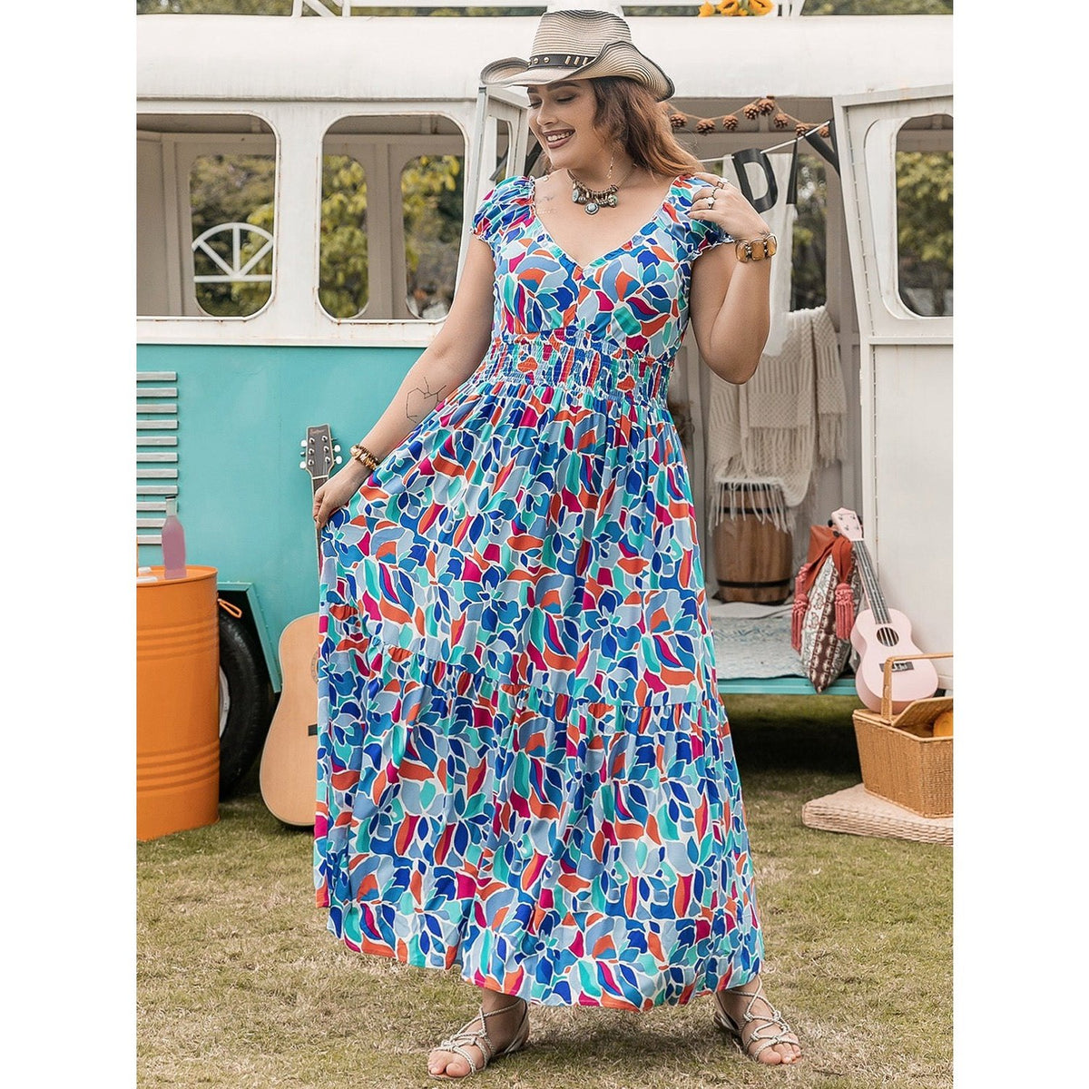 Plus Size Printed Cap Sleeve Dress