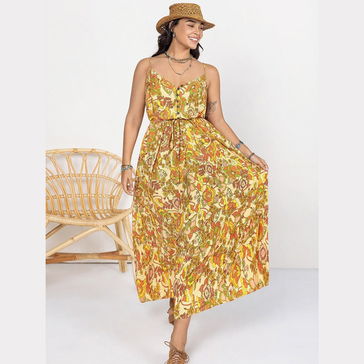 Plus Size Printed V-Neck Maxi Cami Dress