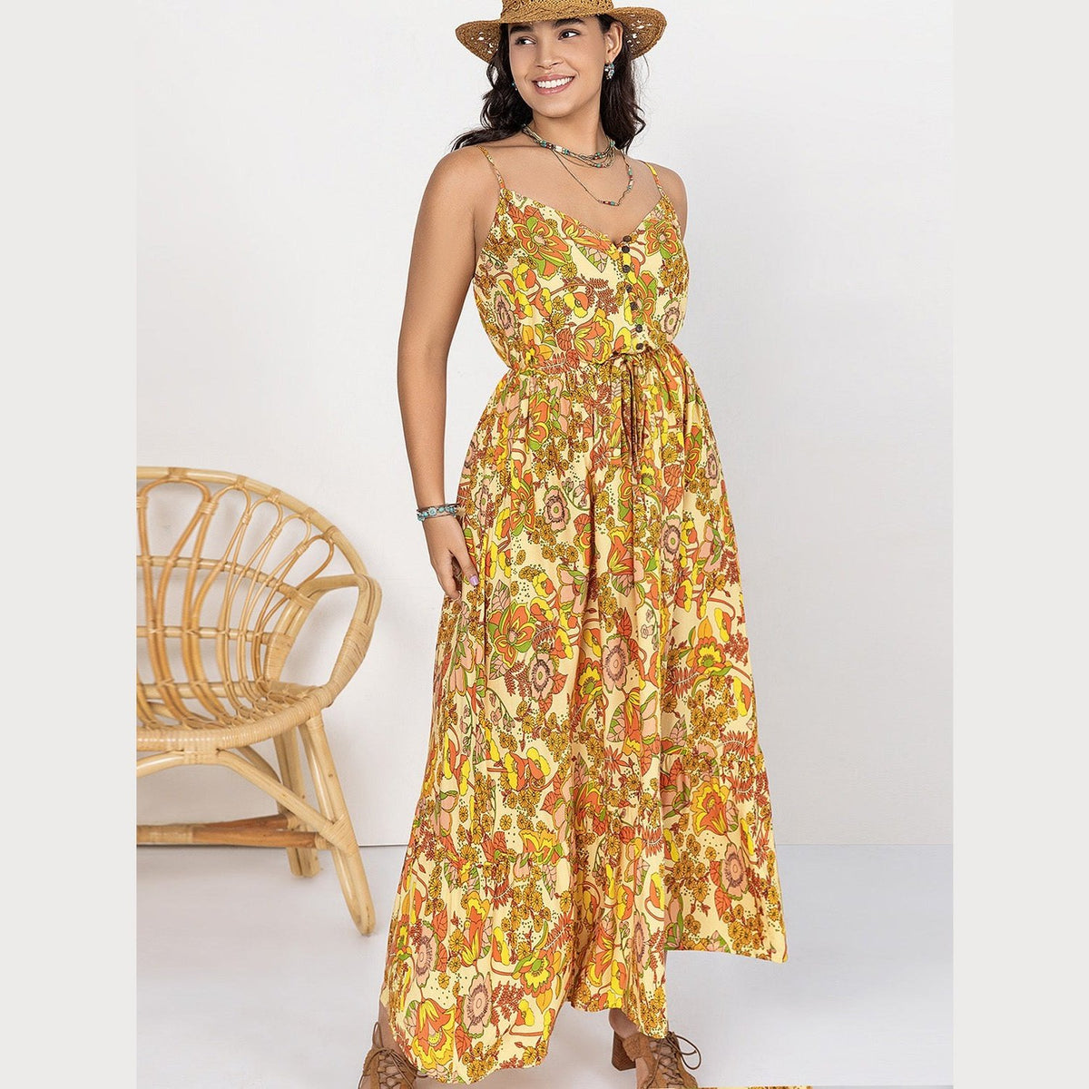 Plus Size Printed V-Neck Maxi Cami Dress