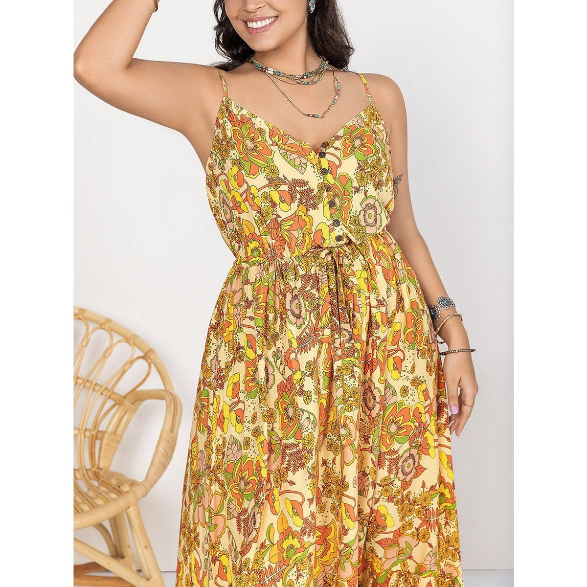 Plus Size Printed V-Neck Maxi Cami Dress