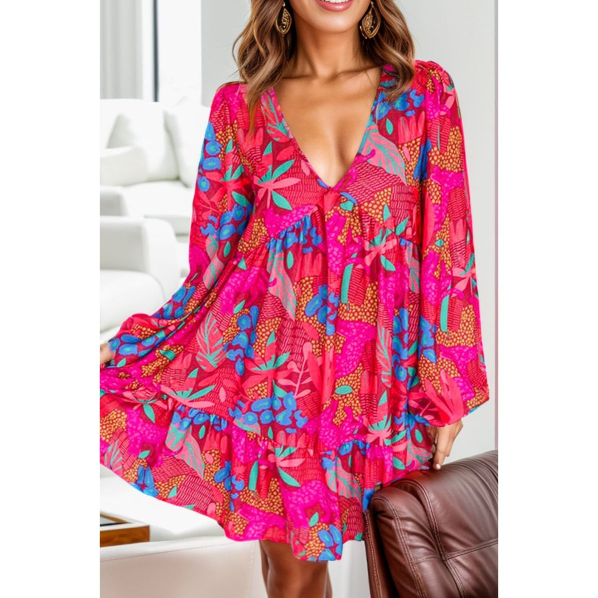 Printed Balloon Sleeve Mini Dress