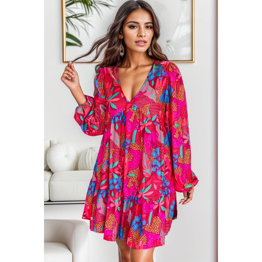 Printed Balloon Sleeve Mini Dress