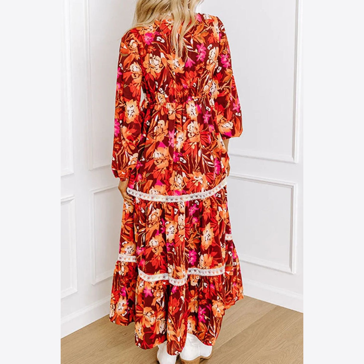 Printed V-Neck Long Sleeve Midi Dress