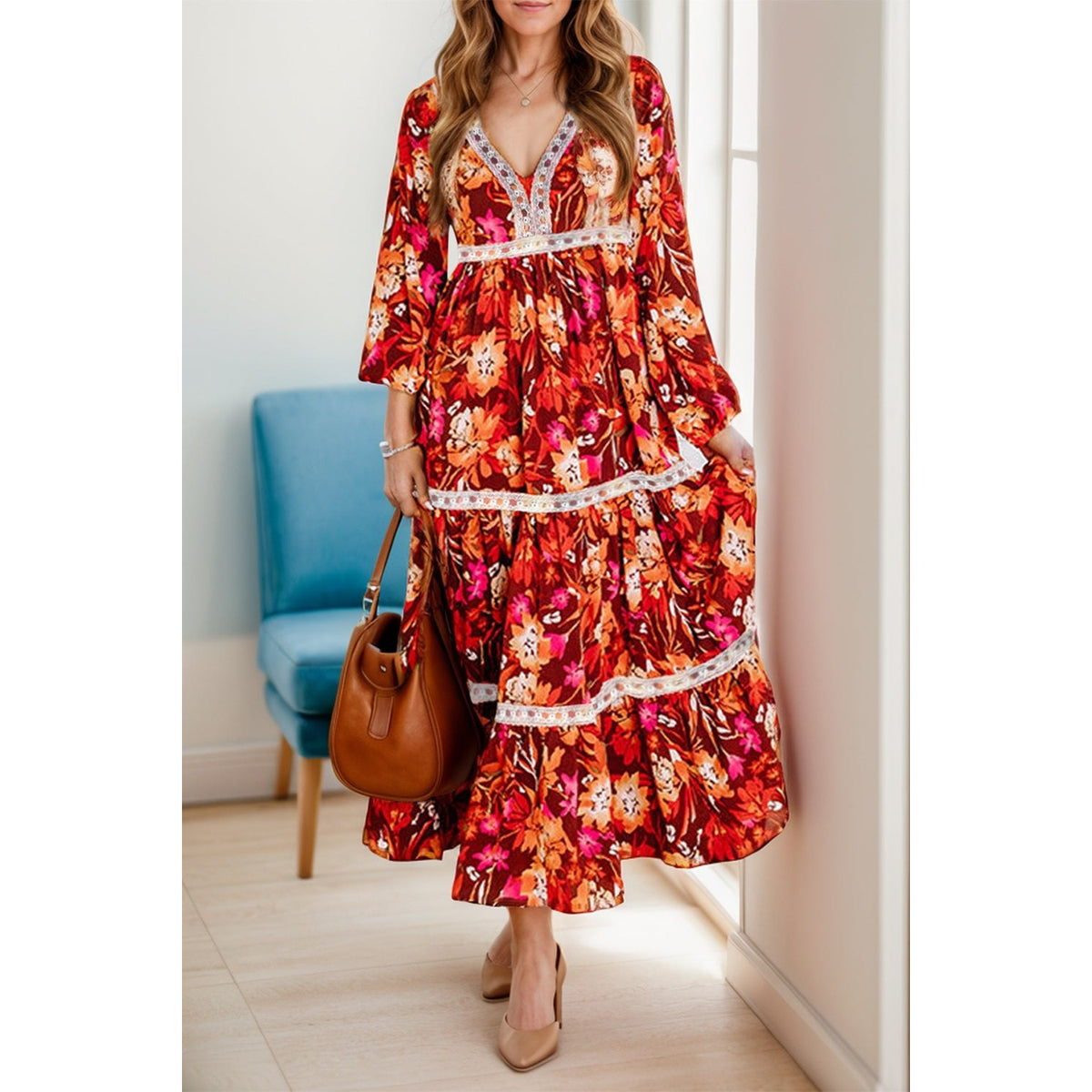 Printed V-Neck Long Sleeve Midi Dress