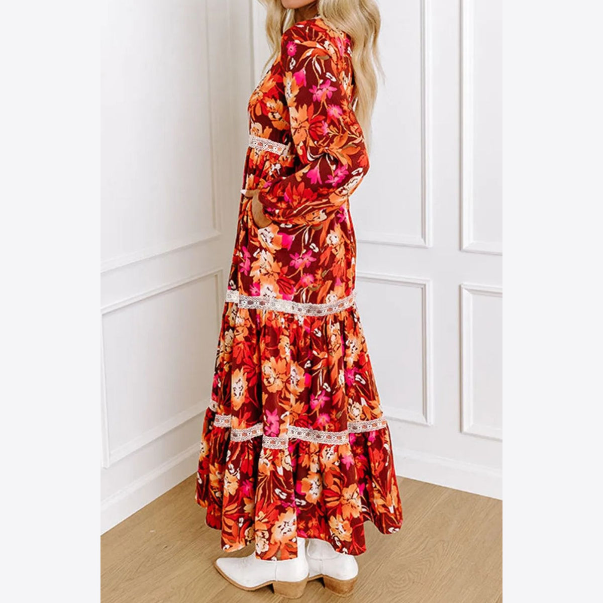 Printed V-Neck Long Sleeve Midi Dress